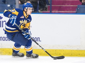 Former Saskatoon Blades captain Wyatt Sloboshan, shown in action earlier this season, is the newest member of the Regina Pats.