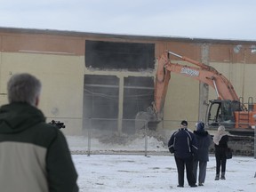 The exterior of old Regina Exhibition Stadium began to crumble on Tuesday afternoon.
