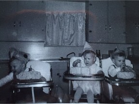 The Schwartz triplets, Kevin, Karla and Kelly, Canada's first centennial triplets of 1967 on their first birthday. (Photo courtesy of Kelly Schwartz)