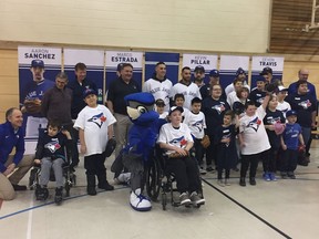 Toronto Blue Jays players Aaron Sanchez, Marco Estrada, Kevin Pillar and Devon Travis meet with Regina youngsters on Thursday at W.S. Hawryluk School as part of the Blue Jays Winter Tour.
