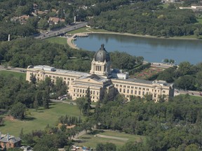 The Saskatchewan Legislative building with Wascana Lake in the background. Aerial photo taken August 29, 2008.