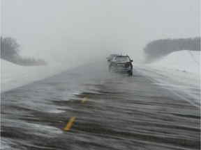 A highway in southern Saskatchewan during the winter.