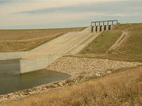 The Alameda Dam, showing the height of the structure which contains a 110 feet of water.