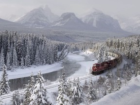 A Canadian Pacific freight train travels around Morant's Curve near Baker Creek, Alta.