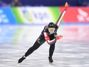 Marsha Hudey of White City competes in the women's 500 metres during the ISU world single-distances speed-skating championships in Gangneung, South Korea on Friday.