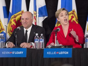 Kellie Leitch, right, and Kevin O'Leary participate in the Conservative leadership candidates' debate in Halifax on Saturday, Feb. 4, 2017.