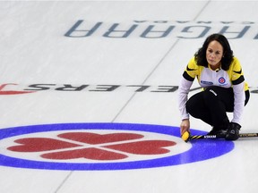 Regina's Michelle Englot, shown skipping Manitoba in a match Monday at the Scotties Tournament of Hearts, suffered her first loss Tuesday night at the Canadian women's curling championship.