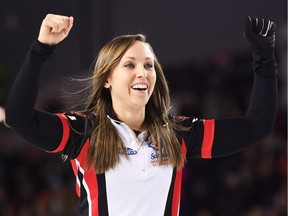 Ontario skip Rachel Homan celebrates her victory in Sunday's Scotties Tournament of Hearts final.