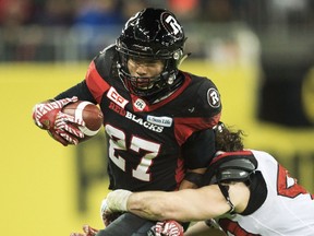 Running back Kienan LaFrance, shown with the Ottawa Redblacks in the 2016 Grey Cup game, is one of the Roughriders' key free-agent signings.