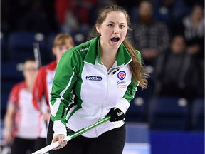 Saskatchewan skip Penny Barker made her national Scotties Tournament of Hearts debut on Saturday in St. Catharines, Ont.