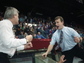 Regina Pats head coach Norm Johnston, left, and Moose Jaw Warriors head coach/GM Al Tuer have a dispute during a Nov. 18, 1994 game in Regina.