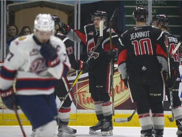 Moose Jaw Warriors forward Brett Howden celebrates a 2nd period goal against the Regina Pats.