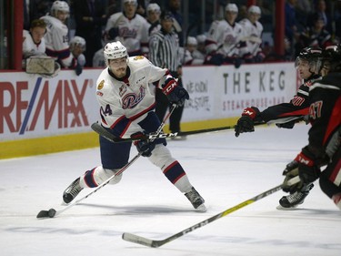 Regina Pats defenceman Connor Hobbs fires a slap shot from the point during Wednesday's WHL game against the Moose Jaw Warriors.