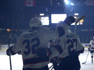 Regina Pats forward Robbie Holmes celebrates his goal against the Moose Jaw Warriors.