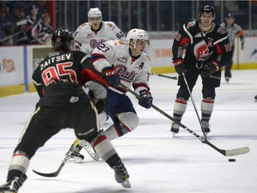 Regina Pats forward Sam Steel moves into the Moose Jaw Warriors end.