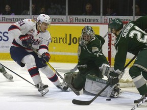 Regina Pats forward Filip Ahl is turned away by Everett Silvertips goaltender Carter Hart during Tuesday's WHL game at the Brandt Centre.