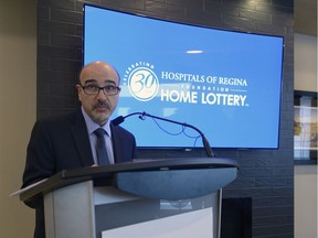 Dino Sophocleous, president and CEO of Hospitals of Regina Foundation, speaks at the launch of the group's home lottery.