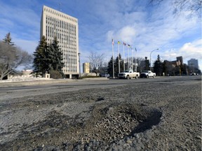 Potholes can be found anywhere in the city these days, including right out front of Regina City Hall.