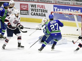 Regina Pats centre Sam Steel scores one of his four goals on Friday night during WHL action against the Swift Current Broncos.