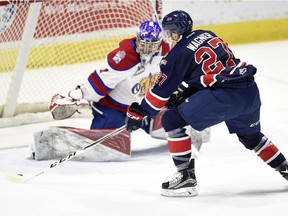 Regina Pats forward Austin Wagner can't quite get the puck past Edmonton Oil Kings goalie Patrick Dea during Saturday's WHL game at the Brandt Centre.