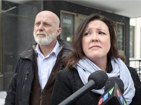 Hannah Leflar's step-father Wade Anderson, left, and mother Janet Leflar speak outside court in Regina. Hannah Leflar, a 16-year-old Regina girl, was found dead at a house at the 400 block of Garnet Street North on Jan. 12, 2015.