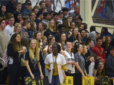 Luther Lions fans stand during the Luther Invitational Tournament held at the Luther College High School gym.