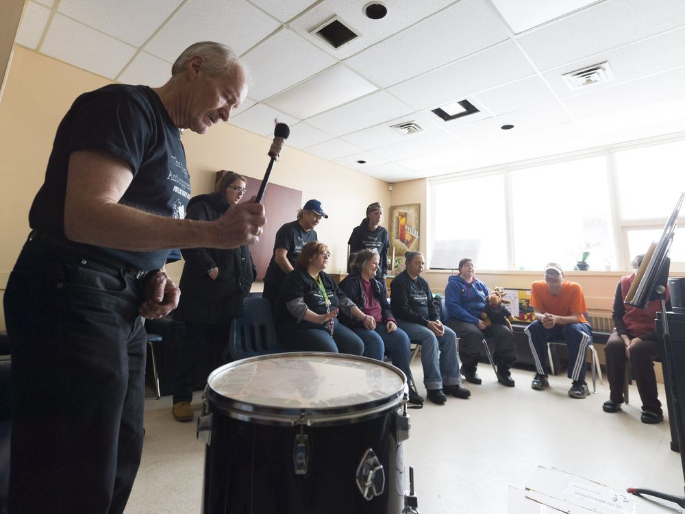 REGINA, SASK : January 30, 2017 - Bob Hughes, mental health worker and member of the Reel Anti-Suppressants Popular Theatre Group, bangs a drum during a rehearsal at the Regina office of the Canadian Mental Health Association. MICHAEL BELL / Regina Leader-Post.