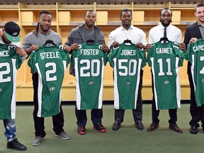 The Riders introduced some of their high-end free agents after a signing frenzy in 2016. They were  (from left) Kendial Lawrence, Curtis Steele, Otha Foster, Greg Jones,  Ed Gainey, Justin Capicciotti and Shamawd Chambers. Only Jones and Gainey remain on the roster.