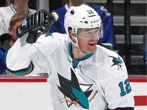 The San Jose Sharks' Patrick Marleau celebrates his 500th NHL goal on Thursday in Vancouver.