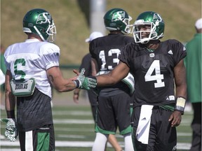 Riders receiver Rob Bagg (6) and ex-Roughrider quarterback Darian Durant (4) will be on different teams in 2017 for the first time in their CFL careers.