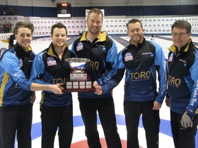 The Highland's Adam Casey is shown after winning the SaskTel Men's Tankard. Shown from left to right are Casey (skip), Catlin Schneider (third), Shaun Meachem (second), Dustin Kidby (lead) and Jamie Schneider (alternate).