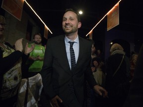Ryan Meili celebrates after winning the Saskatoon Meewasin byelection on Thursday, March 2, 2017.