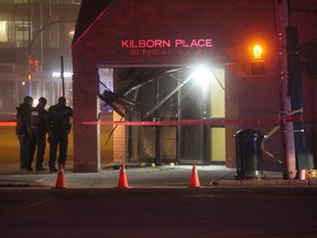 Members of the Saskatoon Police Service can be seen outside the citys provincial courthouse early Thursday morning, March 30, 2017. At around 11 p.m. on Wednesday, March 29, 2017 police were called to the area alongside members of the Saskatoon Fire Department. A news release from police explained officers are investigating what they believe was the detonation of an improvised explosive device. (Morgan Modjeski/The Saskatoon StarPhoenix)