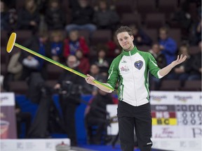 Saskatchewan skip Adam Casey reacts after missing a shot against Quebec on Monday afternoon at the Brier.