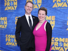 Opening night of Come From Away at the Schoenfeld Theatre in New York City with co-creators David Hein and Irene Sankoff . Hein was born in Regina and raised in Saskatoon.