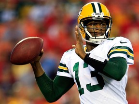 Quarterback Vince Young is shown in his most-recent appearance in a game — an Aug. 29, 2013 NHL pre-season contest between the Green Bay Packers and the host Kansas City Chiefs. Young was released by Green Bay two days later.