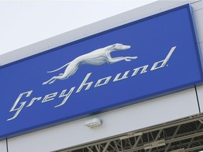 A Greyhound logo is shown at the Greyhound Terminal at the James Richardson International Airport in Winnipeg on September 3, 2009.