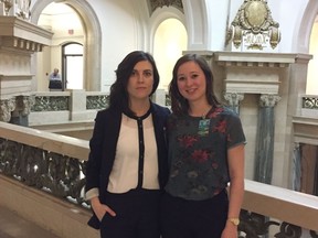 (l-r) Alison White and Jacqueline Carverhill, members of the Student Medical Society of Saskatchewan, outside the gallery at the Saskatchewan Legislature. They were there to talk about the province's HIV rates.