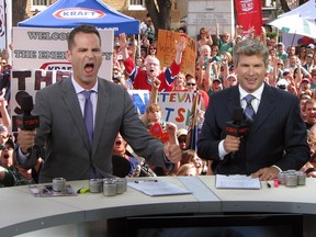 Jay Onrait, left, and Dan O'Toole, shown in Estevan in 2011, are ticketed for a return to TSN.