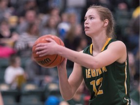 A strong game by Christina McCusker, shown in this file photo, helped the University of Regina Cougars win a semifinal at the Canada West final four on Friday in Saskatoon.