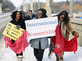 Maria Aman, Faith Olanipekun and Heather O'Watch share a laugh at Join Me on the Bridge, an event to mark International Women's Day.