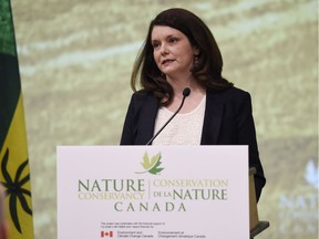 Jennifer McKillop, Director of Conservation for the Nature Conservancy of Canada in Saskatchewan, speaks during the announcement of a new conservation area next to Grasslands National Park.