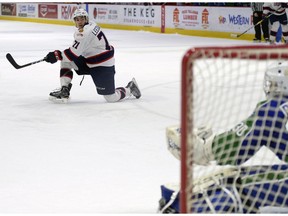 Regina Pats forward Dawson Leedahl watches his shot beat Swift Current Broncos goalie Taz Burman during WHL action on Wednesday at the Brandt Centre. The loss eliminated Swift Current from contention for second place in the East Division.