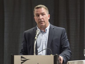 Saskatchewan Teachers Federation president Pat Maze speaks during the Regina Teachers Convention at the Queensbury Centre in Regina.