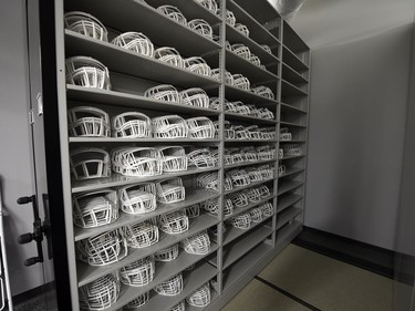 A look at the equipment room during a media tour of the Roughriders' facilities at the New Mosaic Stadium in Regina.