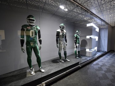 A look at the locker room during a media tour of the Roughriders' facilities at the New Mosaic Stadium in Regina.