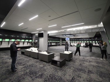 A look at the locker room during a media tour of the Roughriders' facilities at the New Mosaic Stadium in Regina.