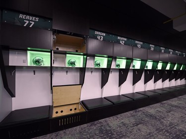 A look at the locker room during a media tour of the Roughriders' facilities at the New Mosaic Stadium in Regina.