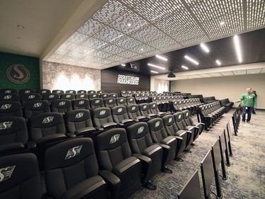 A look at the players meeting room during a media tour of the Roughriders' facilities at the New Mosaic Stadium in Regina.