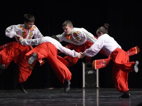 Class 302M Poltavasky Duet Male group performs during the 25th annual Tavria Ukrainian Folk dance festival at the Regina Performing Arts Centre in Regina.